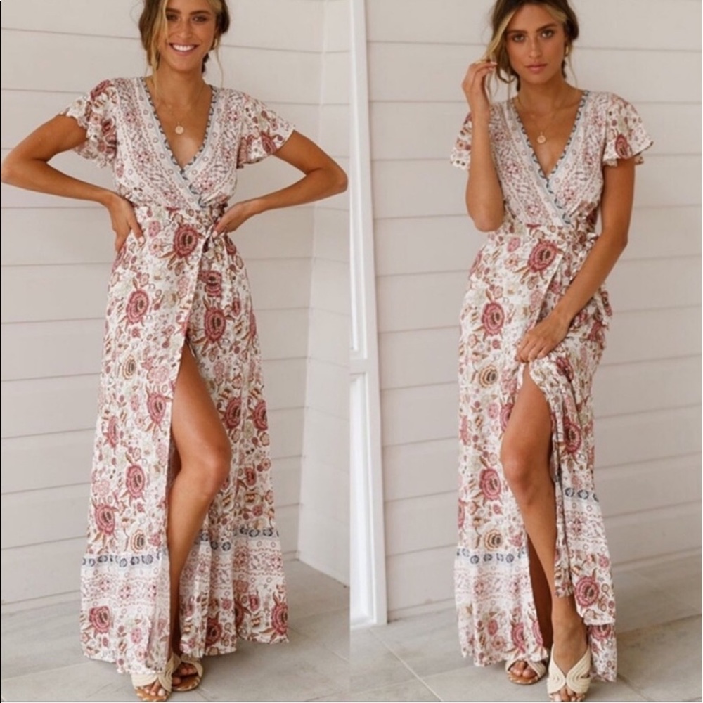 NWT Boho Gypsy Floral Wrap Maxi Dress